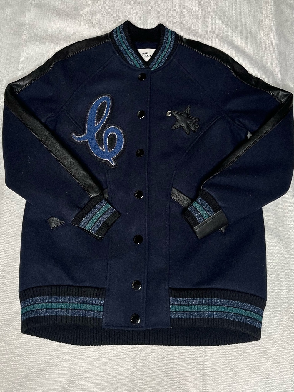 Coach Wool Varsity Letter Bomber Jacket Navy Blue with Black Leather Trim